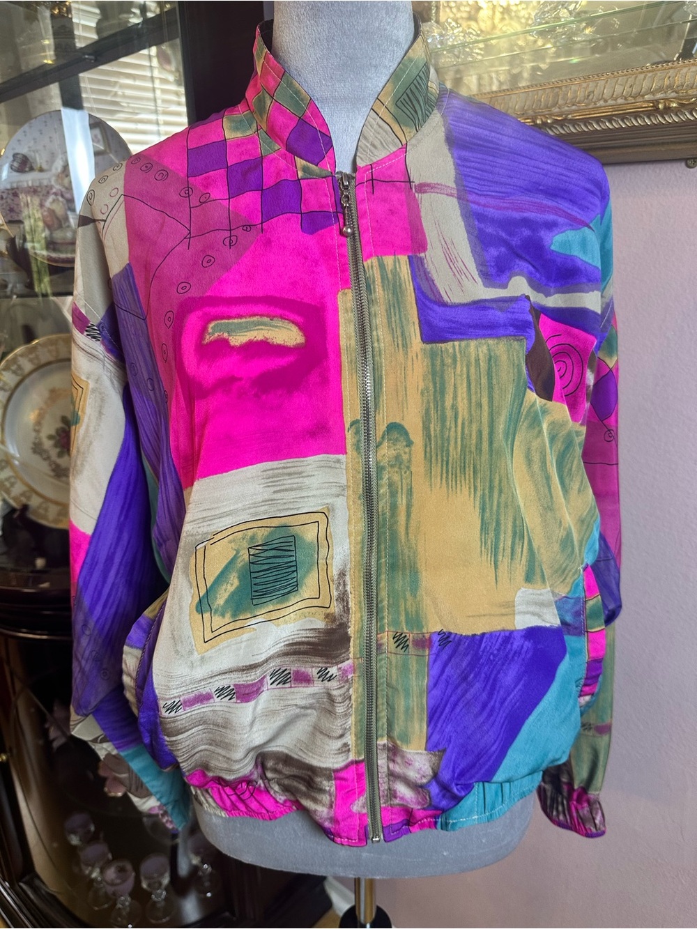 Vintage  Hanasport Bomber Jacket Geometric Multicolor Jacket Sz Médium